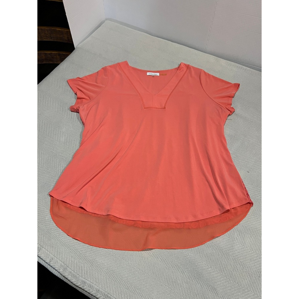 Calvin Klein Coral Apricot Lace Crochet Short Sleeve V-neck Blouse Womens XL Top - Picture 2 of 5